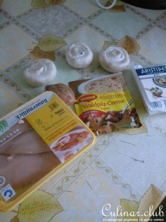 Куринная грудка с грибным пюре,брынзой с грибным соусом.