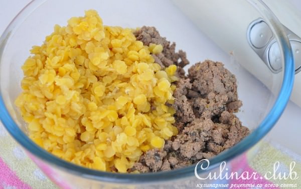 Паштет из желтой чечевицы с куриной печенью и грибами.