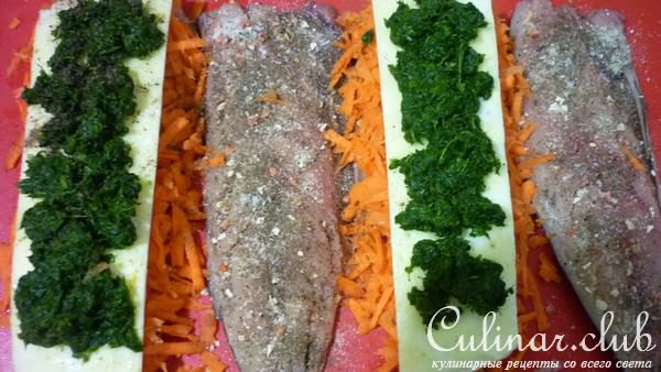 Рулетики из паровой скумбрии с омлетом,шпинатом и морковью