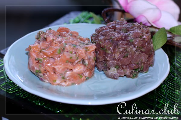 Тартар из лосося и тунца с каперсами и шнитт-луком