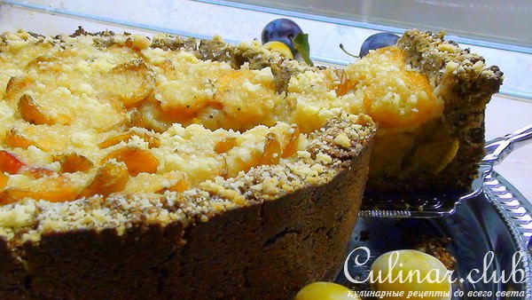 Пирог со сливой, под творожной крошкой, на корже из гречневой муки с маком.