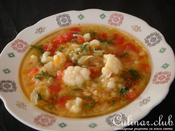 Суп из красной чечевицы с цветной капустой ( постный)
